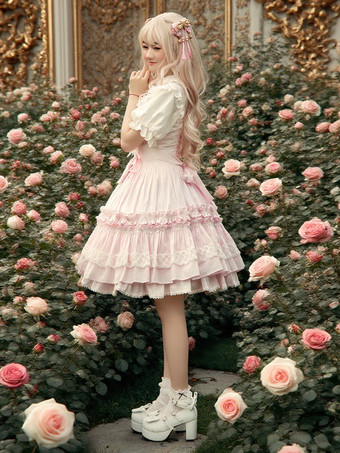 スウィート　ピンク　コットン　ロリィタジャンパースカート　レーストリム　レースアップ　フリル