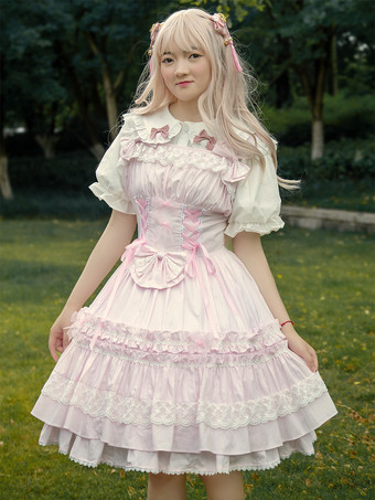スウィート　ピンク　コットン　ロリィタジャンパースカート　レーストリム　レースアップ　フリル