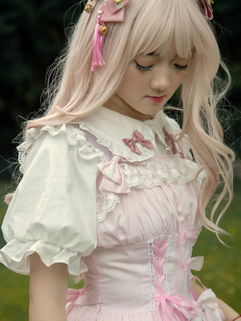 スウィート　ピンク　コットン　ロリィタジャンパースカート　レーストリム　レースアップ　フリル