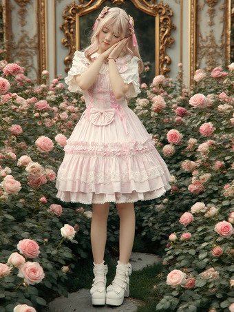 スウィート　ピンク　コットン　ロリィタジャンパースカート　レーストリム　レースアップ　フリル