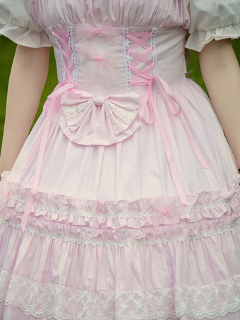 スウィート　ピンク　コットン　ロリィタジャンパースカート　レーストリム　レースアップ　フリル