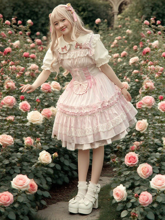 スウィート　ピンク　コットン　ロリィタジャンパースカート　レーストリム　レースアップ　フリル