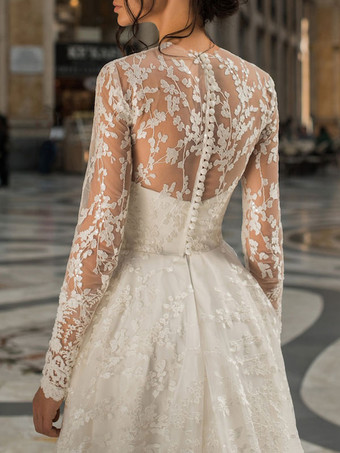 トレインポリエステルジュエルネック長袖レースAラインブライダルドレスとアイボリーのシンプルなウェディングドレス