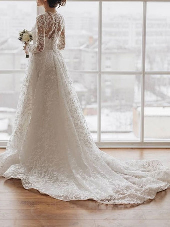 トレインポリエステルジュエルネック長袖レースAラインブライダルドレスとアイボリーのシンプルなウェディングドレス