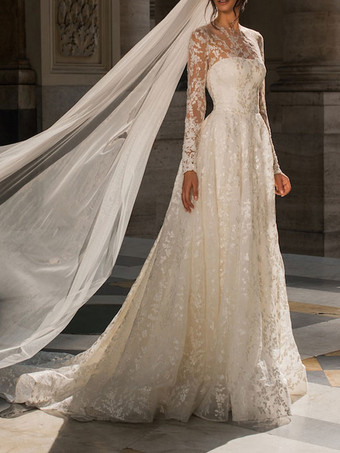 トレインポリエステルジュエルネック長袖レースAラインブライダルドレスとアイボリーのシンプルなウェディングドレス