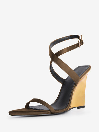 カーキ ブラックウェッジヒール レディース オープントゥ クリスクロスサンダル シューズ