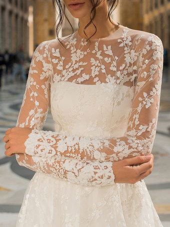 トレインポリエステルジュエルネック長袖レースAラインブライダルドレスとアイボリーのシンプルなウェディングドレス