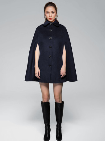 ダークネイビーウールブレンドケープコート ターンダウンカラー ブラックポンチョ オーバーサイズアウターウェア レディース 2025
