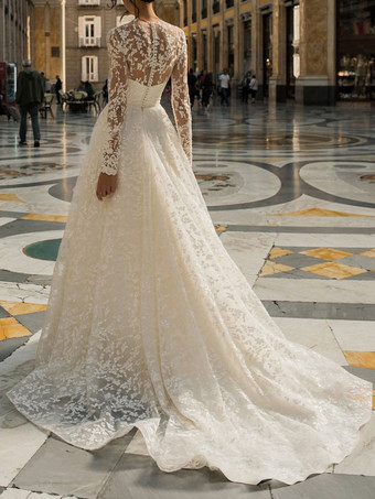 トレインポリエステルジュエルネック長袖レースAラインブライダルドレスとアイボリーのシンプルなウェディングドレス