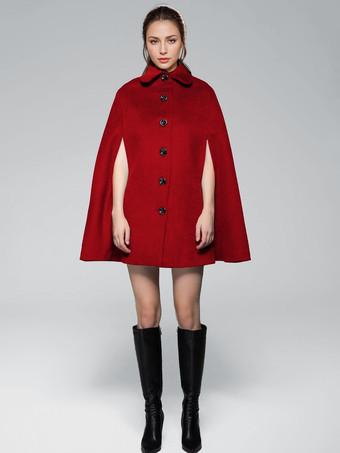 レッド ウールブレンドケープコート ターンダウンカラー ブラックポンチョ オーバーサイズアウターウェア レディース 2025