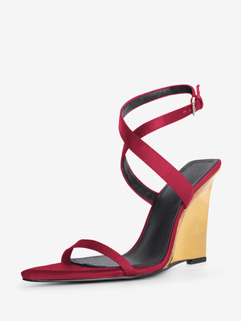 ローズレッドブラックウェッジヒール レディース オープントゥ クリスクロスサンダル シューズ