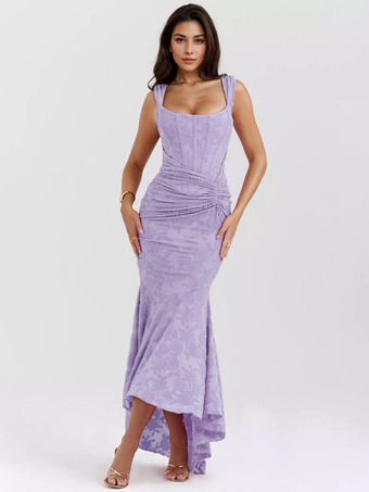 パープル フローラル マキシドレス スクエアカラー ノースリーブ マーメイド プリーツ パーティードレス レディース 2025