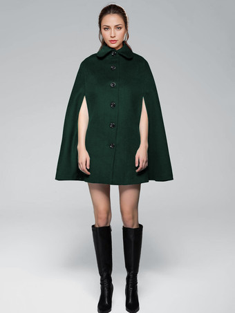 グリーン ウールブレンドケープコート ターンダウンカラー ブラックポンチョ オーバーサイズアウターウェア レディース 2025