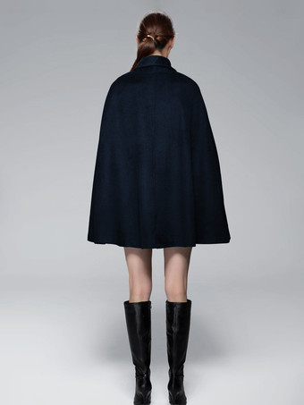 ウールブレンドケープコート ターンダウンカラー ブラックポンチョ オーバーサイズアウターウェア レディース 2025