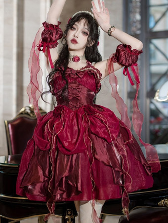 ワインレッド ゴシックロリータ ドレス フリル リボン 花つき エクリュ ノースリーブ