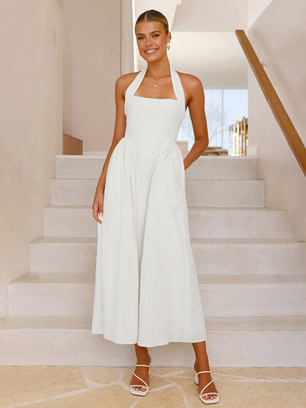 ホワイト ホルター マキシ パーティードレス Aライン セミフォーマル サマードレス レディース 2025