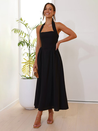 ブラック ホルター マキシ パーティードレス Aライン セミフォーマル サマードレス レディース 2025