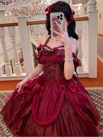 ゴシックロリータ ドレス フリル リボン 花つき エクリュ ノースリーブ