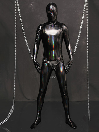ブラック ハロウィン メンズ ウェットルック ストレッチ ジッパー クロッチ ボディスーツ フルボディ キャットスーツ