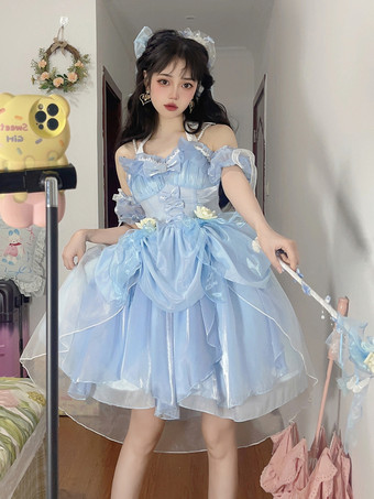 ライトスカイブルーゴシックロリータ ドレス フリル リボン 花つき エクリュ ノースリーブ