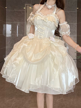 アイボリー ゴシックロリータ ドレス フリル リボン 花つき エクリュ ノースリーブ