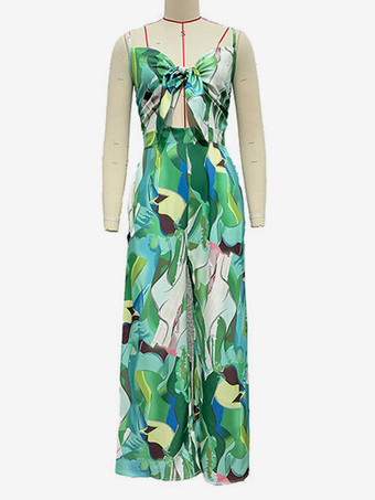 プリントスリップジャンプスーツ、タイフロント付き、ワイドレッグ、女性用夏服 2026