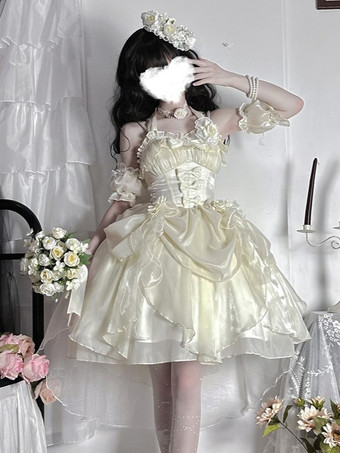 ゴシックロリータ ドレス フリル リボン 花つき エクリュ ノースリーブ