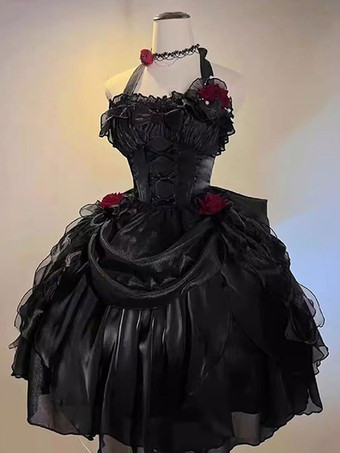 ゴシックロリータ ドレス フリル リボン 花つき エクリュ ノースリーブ