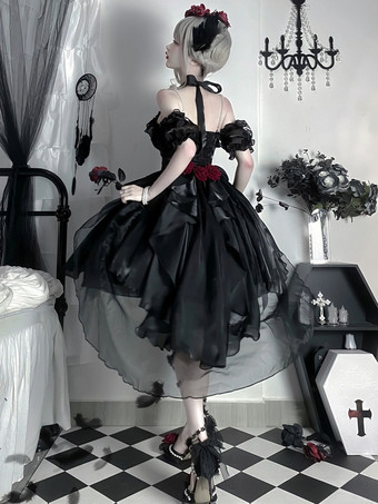 ゴシックロリータ ドレス フリル リボン 花つき エクリュ ノースリーブ