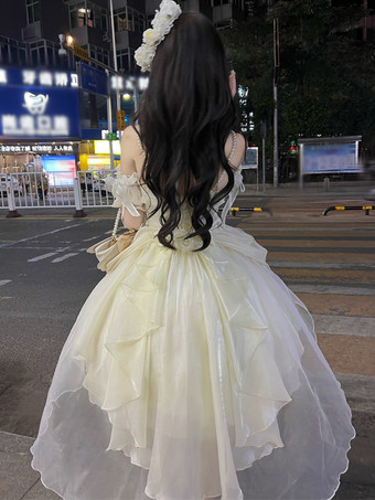 ゴシックロリータ ドレス フリル リボン 花つき エクリュ ノースリーブ