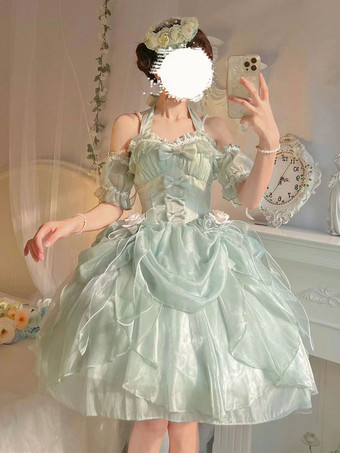 グリーン ゴシックロリータ ドレス フリル リボン 花つき エクリュ ノースリーブ