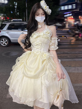 ゴシックロリータ ドレス フリル リボン 花つき エクリュ ノースリーブ