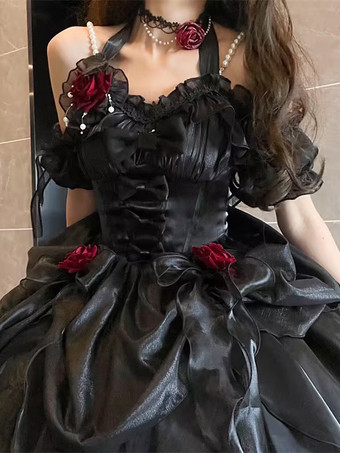 ゴシックロリータ ドレス フリル リボン 花つき エクリュ ノースリーブ
