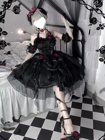 ゴシックロリータ ドレス フリル リボン 花つき エクリュ ノースリーブ