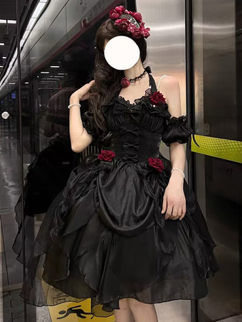 ゴシックロリータ ドレス フリル リボン 花つき エクリュ ノースリーブ