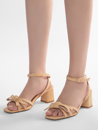 レディース チャンキーヒールサンダル リボン オープントゥ アンクルストラップサンダル シューズ
