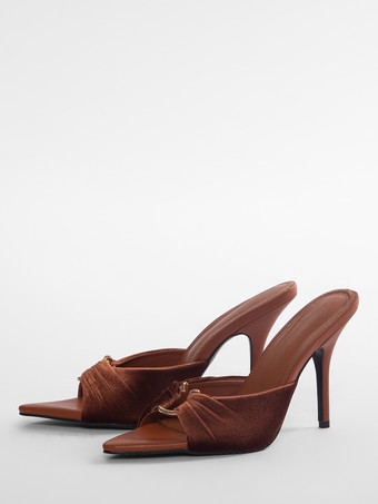 ブラウンハイヒール ミュール レディース オープントゥ シャーリング スティレットヒール ミュール シューズ