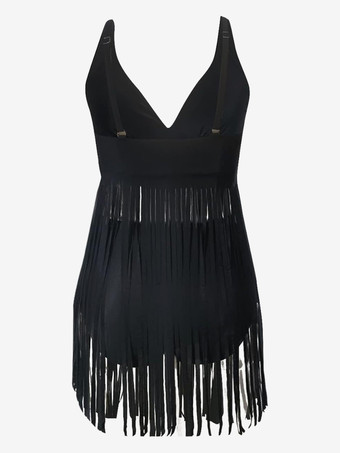 タッセル　ビキニ　水着　ブラック　ポリエステル　２点セット　無地　フリンジ　ホルターネック　女性用　