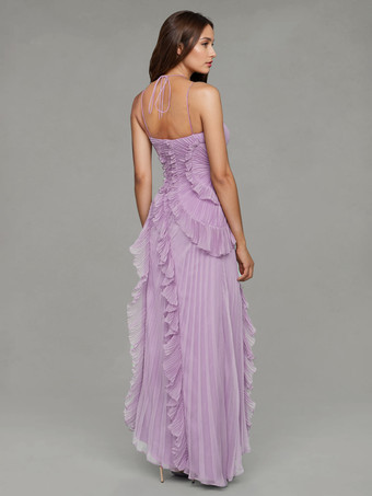 ホルターネックのフリル付きシフォンマキシドレス（イレギュラーヘム）2025年スペシャルイベント向け