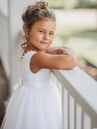 ホワイトアイボリー フラワー ガール ドレス ジュエル ネック ポリエステル ノースリーブ 足首までの長さ プリンセス シルエット バタフライ フォーマル キッズ ページェント ドレス