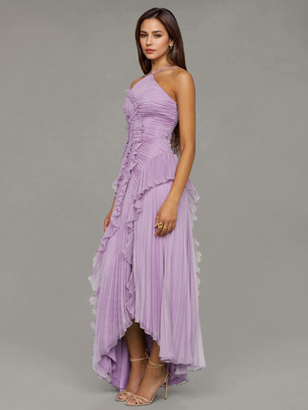 ホルターネックのフリル付きシフォンマキシドレス（イレギュラーヘム）2025年スペシャルイベント向け