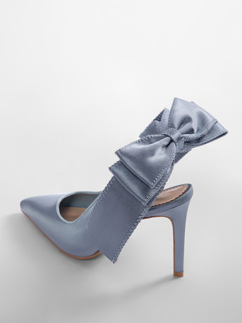 サテンのパーティーシューズ ポインテッドトゥ ボウハイヒール ウェディングシューズ