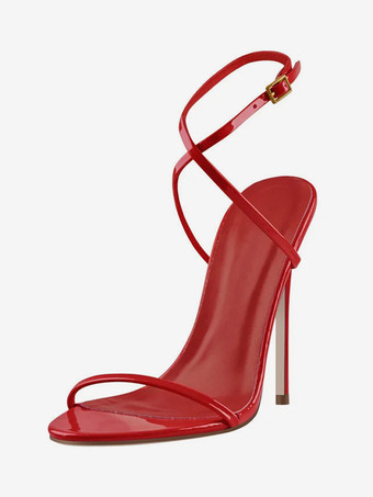 レディースヒールサンダル レッド オープントゥ クリスクロス スティレットヒール パーティーシューズ