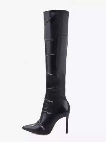 ブラックのオーバーニーブーツ、つま先が尖ったジッパーディテールのハイヒールサイハイブーツ