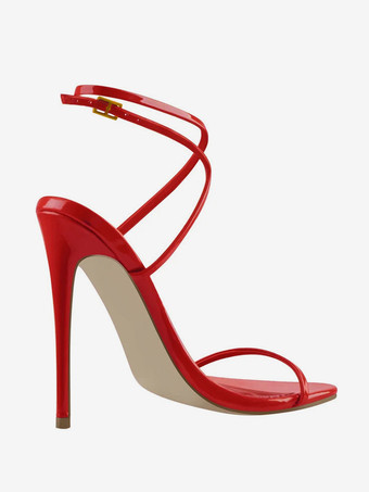 レディースヒールサンダル レッド オープントゥ クリスクロス スティレットヒール パーティーシューズ