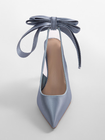 サテンのパーティーシューズ ポインテッドトゥ ボウハイヒール ウェディングシューズ