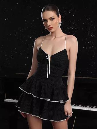 knee length dresses for ladies Dream Crush Lace-Up Back Side Split Midi Dress Black main image 1
