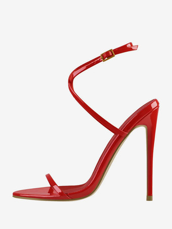 レッド レディースヒールサンダル レッド オープントゥ クリスクロス スティレットヒール パーティーシューズ
