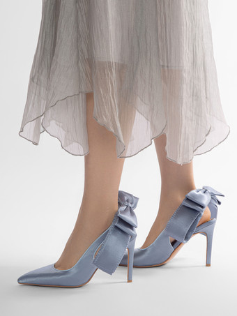 サテンのパーティーシューズ ポインテッドトゥ ボウハイヒール ウェディングシューズ