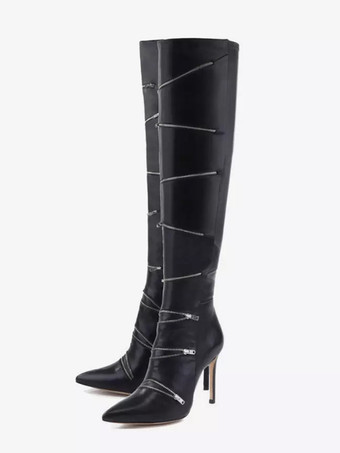 PUブラックブラックのオーバーニーブーツ、つま先が尖ったジッパーディテールのハイヒールサイハイブーツ